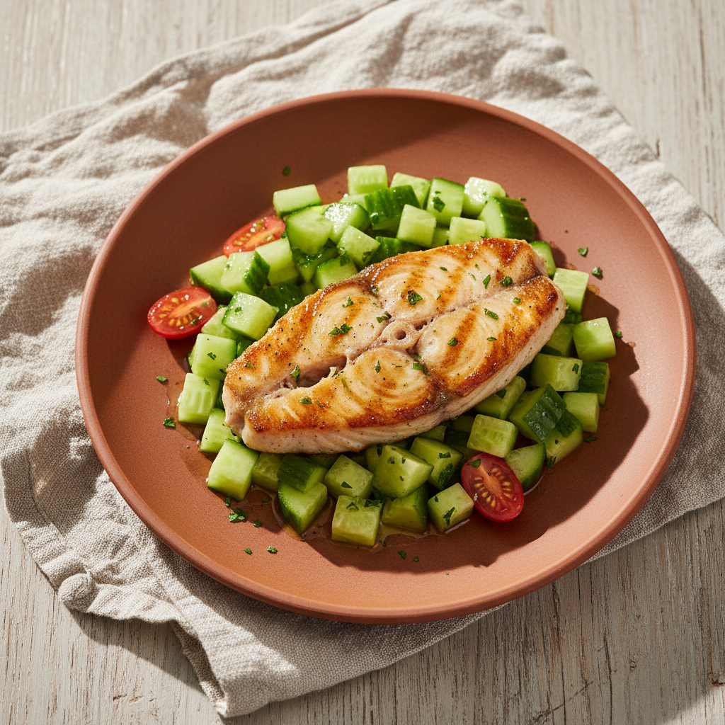 Filetto di Pesce Spada Piastrato con Insalata di Cetrioli e Vegetable Blend
