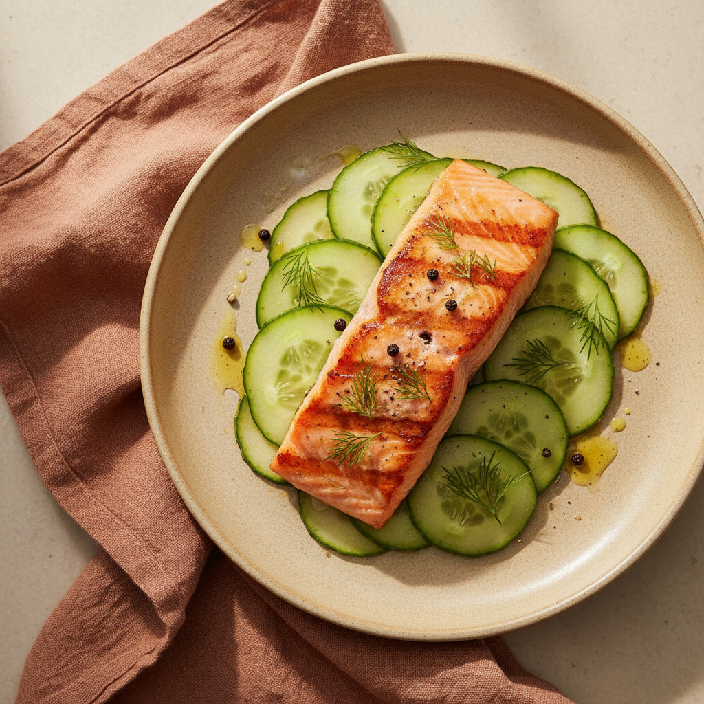 Filetto di Salmone Grigliato con Rondelle di Cetriolo all'Omega Blend