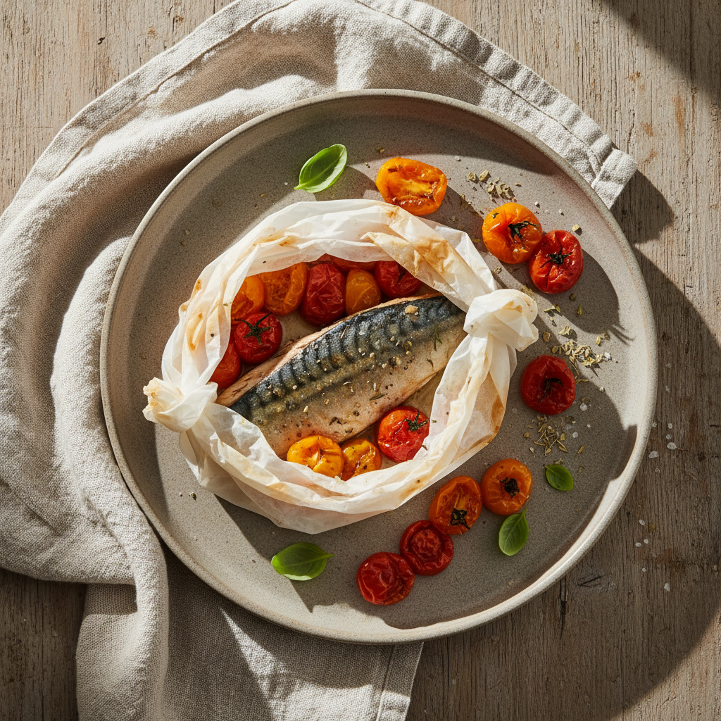 Filetto di Sgombro al Cartoccio con Capperi, Olive e Omega Blend