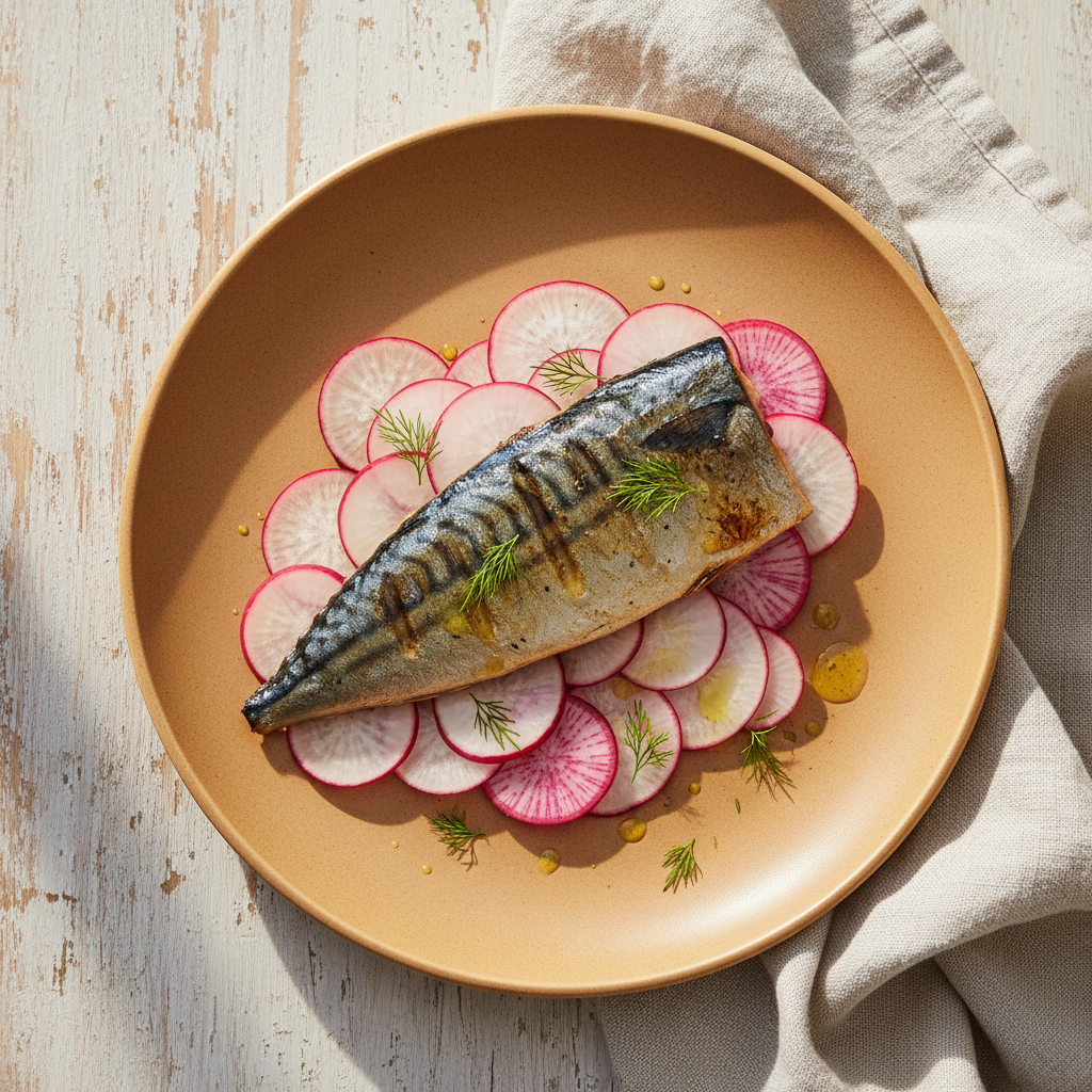 Filetto di Sgombro Piastrato con Insalata di Ravanelli e Vegetable Blend