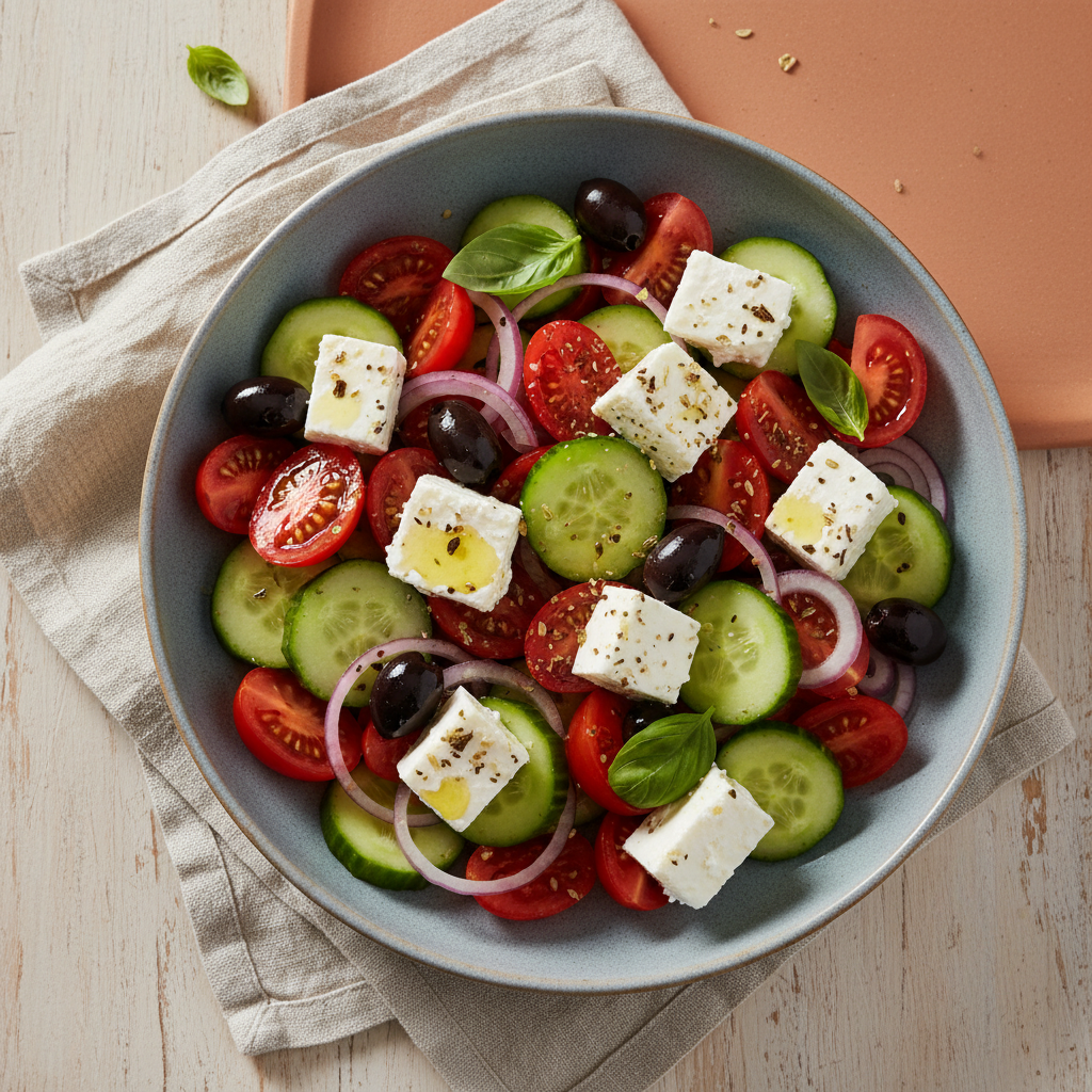 Insalata Greca di Feta, Cetrioli e Dressing al Vegetable Blend