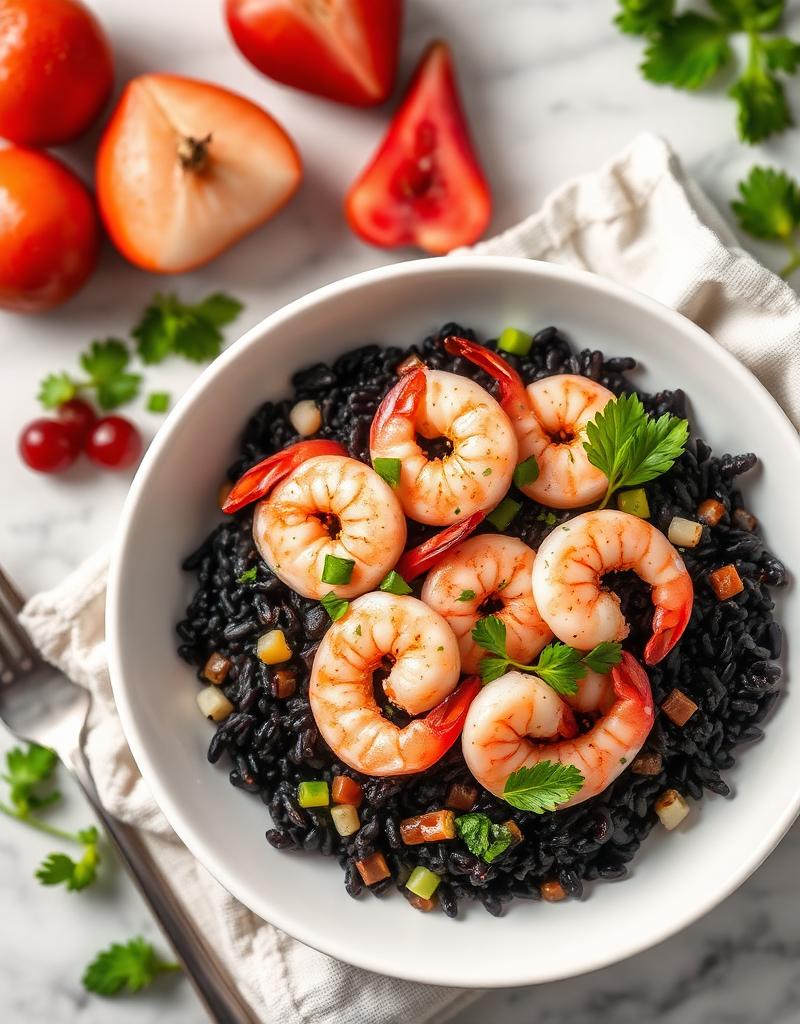 Insalata Fredda di Riso Nero, Gamberetti e Dressing al Fruit Blend