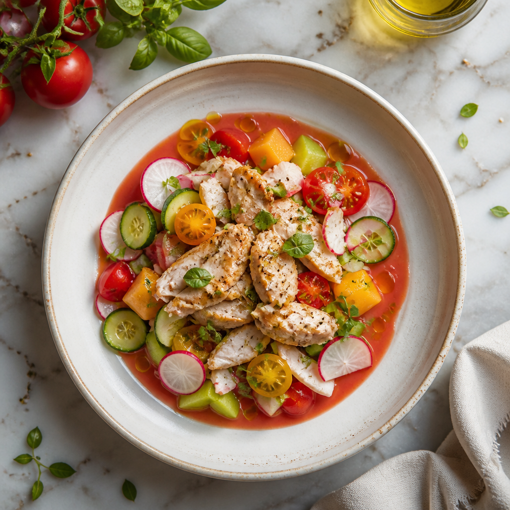 Straccetti di Pollo al Gazpacho di Pomodoro e Frutta e Verdura
