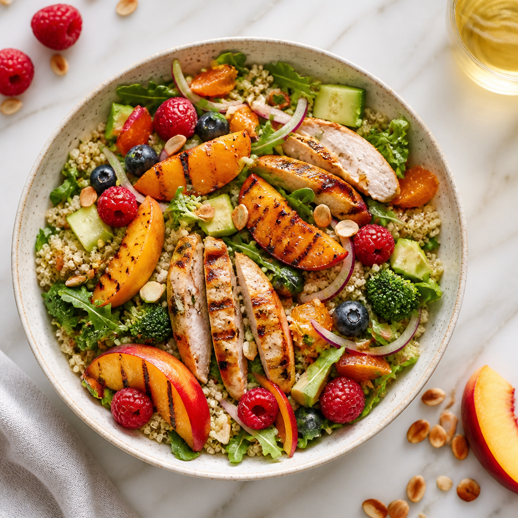 Insalata di Quinoa con Pollo, Pesche Grigliate e Frutta e Verdura