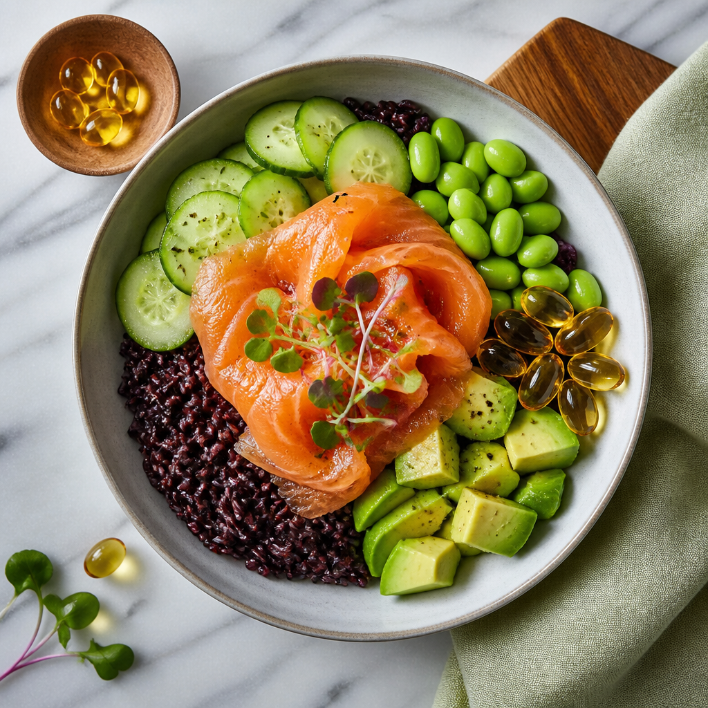 Bowl di Riso Venere con Salmone Affumicato e Capsule Omega+