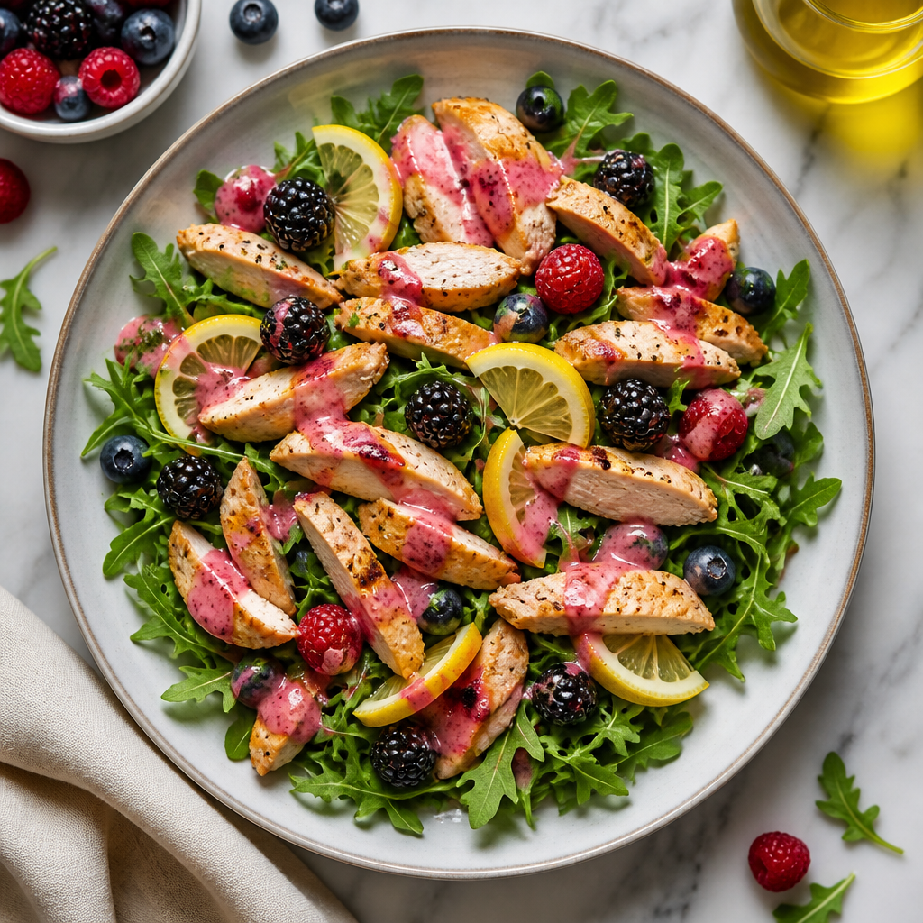 Straccetti di Tacchino al Limone su Letto di Rucola con Dressing alle Bacche