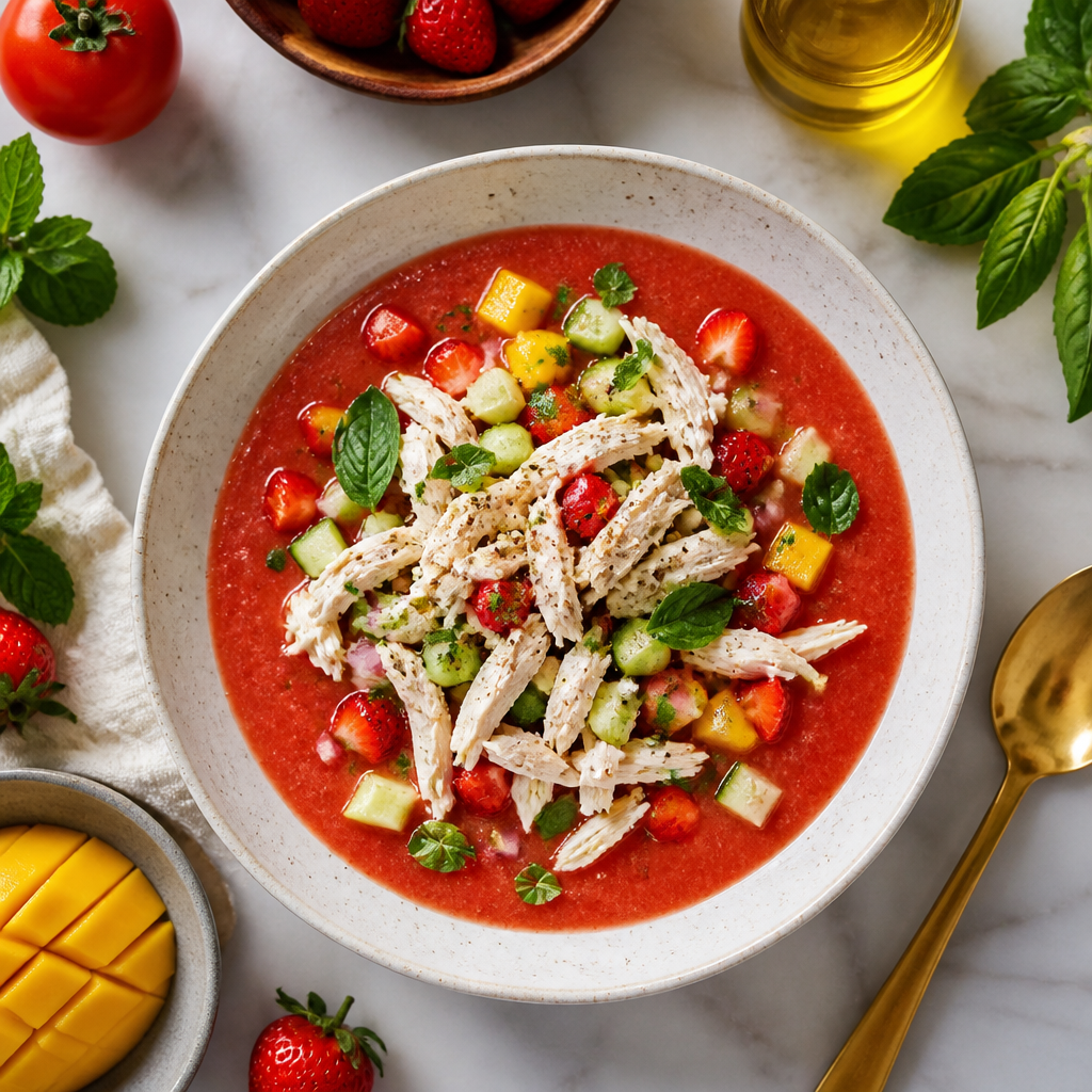 Gazpacho Andaluso Crudo con Straccetti di Pollo e Frutta e Verdura
