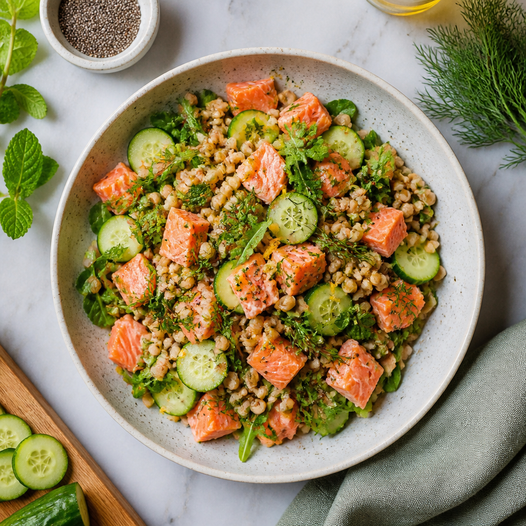 Insalata di Farro Perlato, Salmone e Cetrioli all'Omega+ Blend